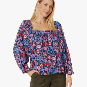 Vineyard Vines XL Tisbury Floral Square Neck Blouse Puff Sleeve Blue